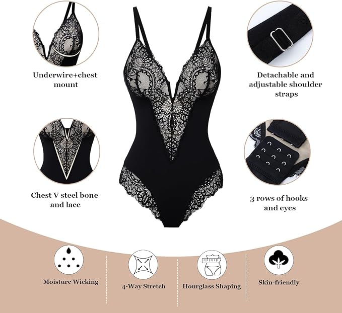 ▷ Instant Shaping Black/White Lace Front Body Shaper All in One